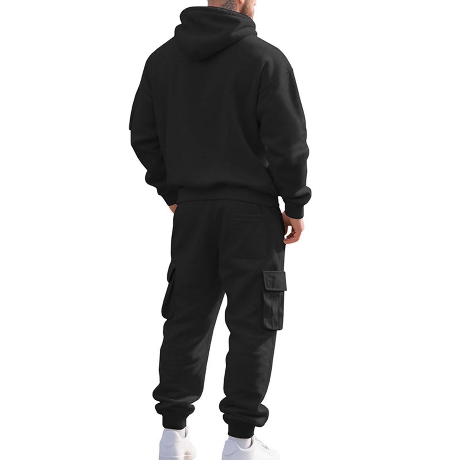Back view of men's hooded cargo jogger outfit