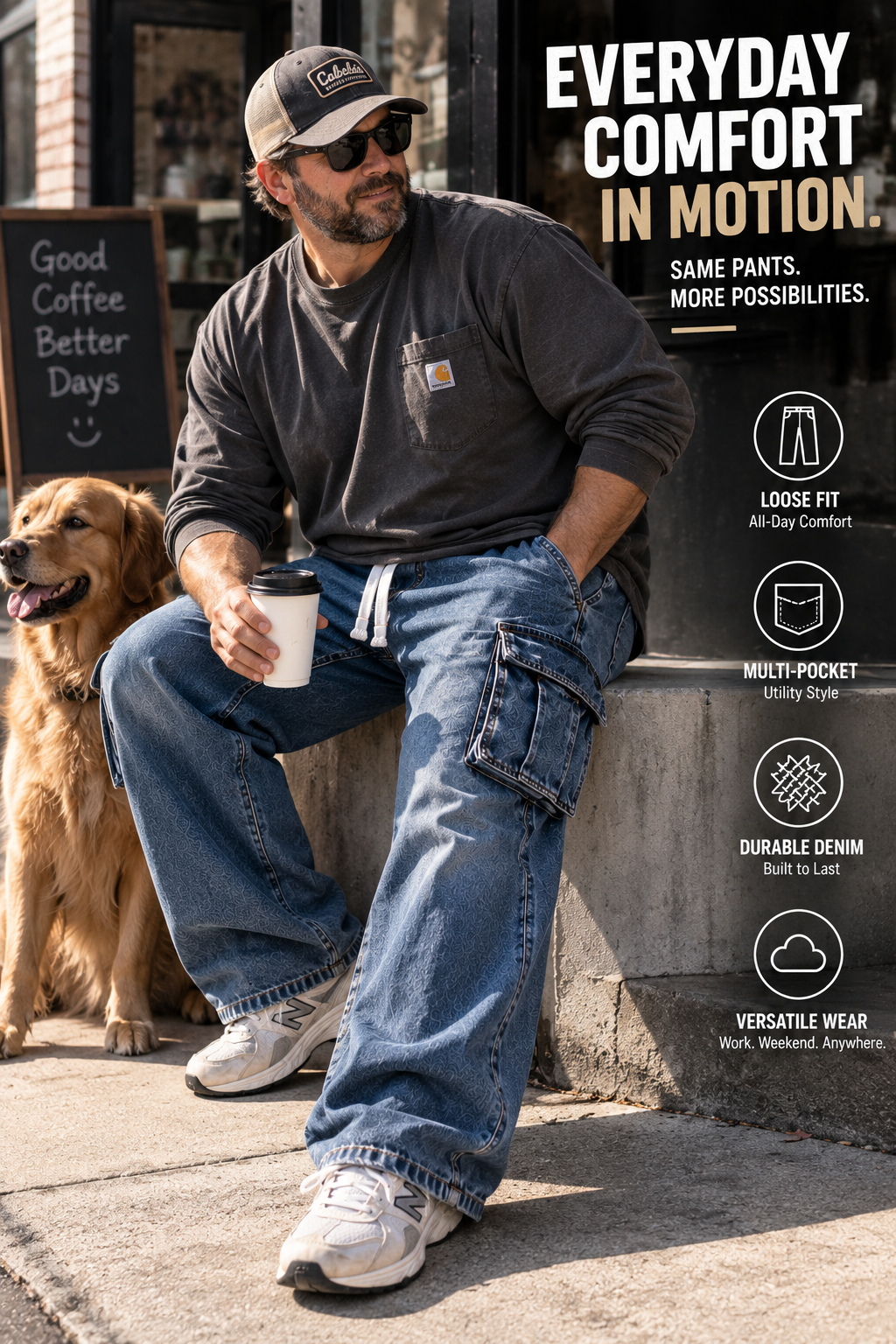 Men wearing oversized cargo denim pants in an everyday setting