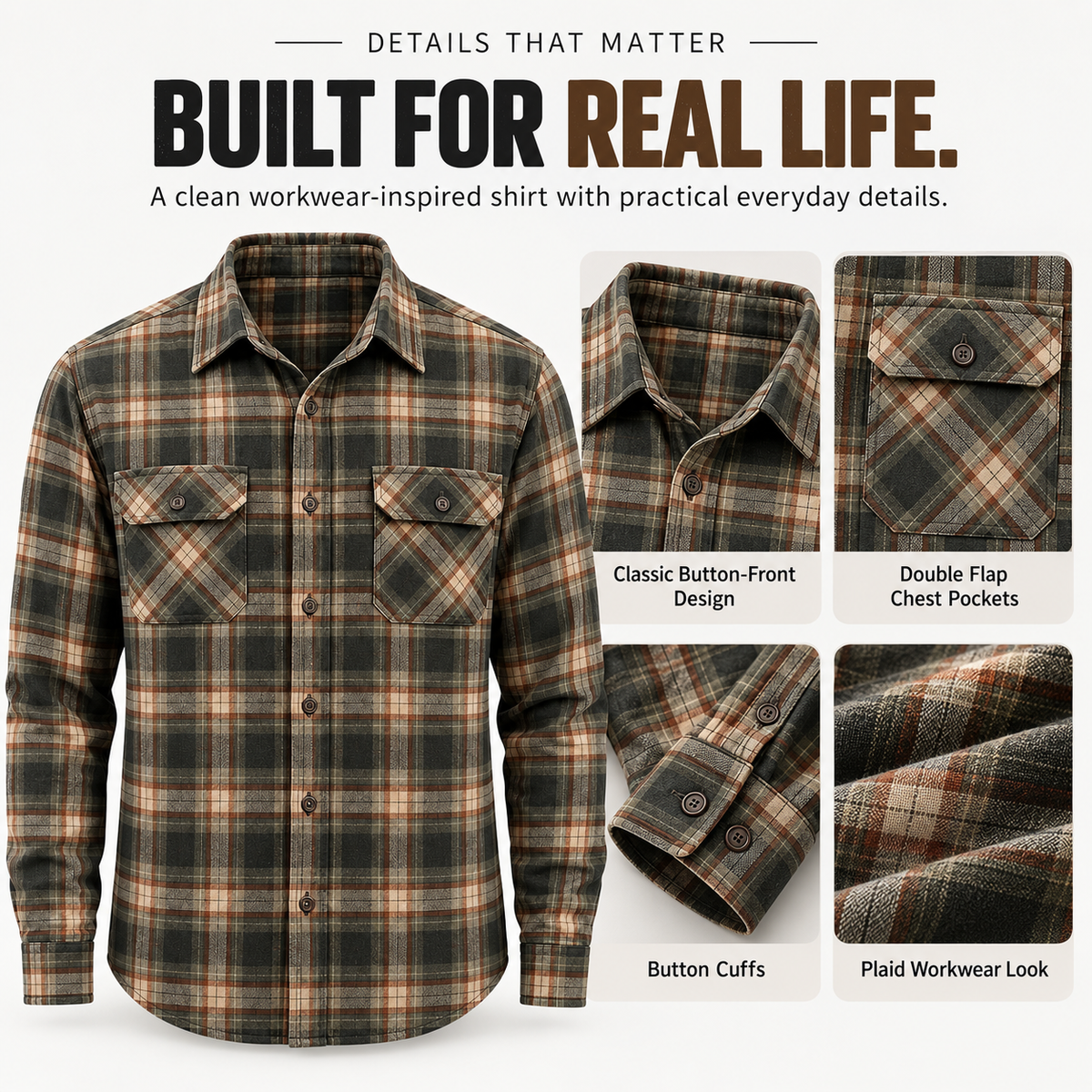 Plaid work shirt button front, chest pockets, cuffs and fabric details