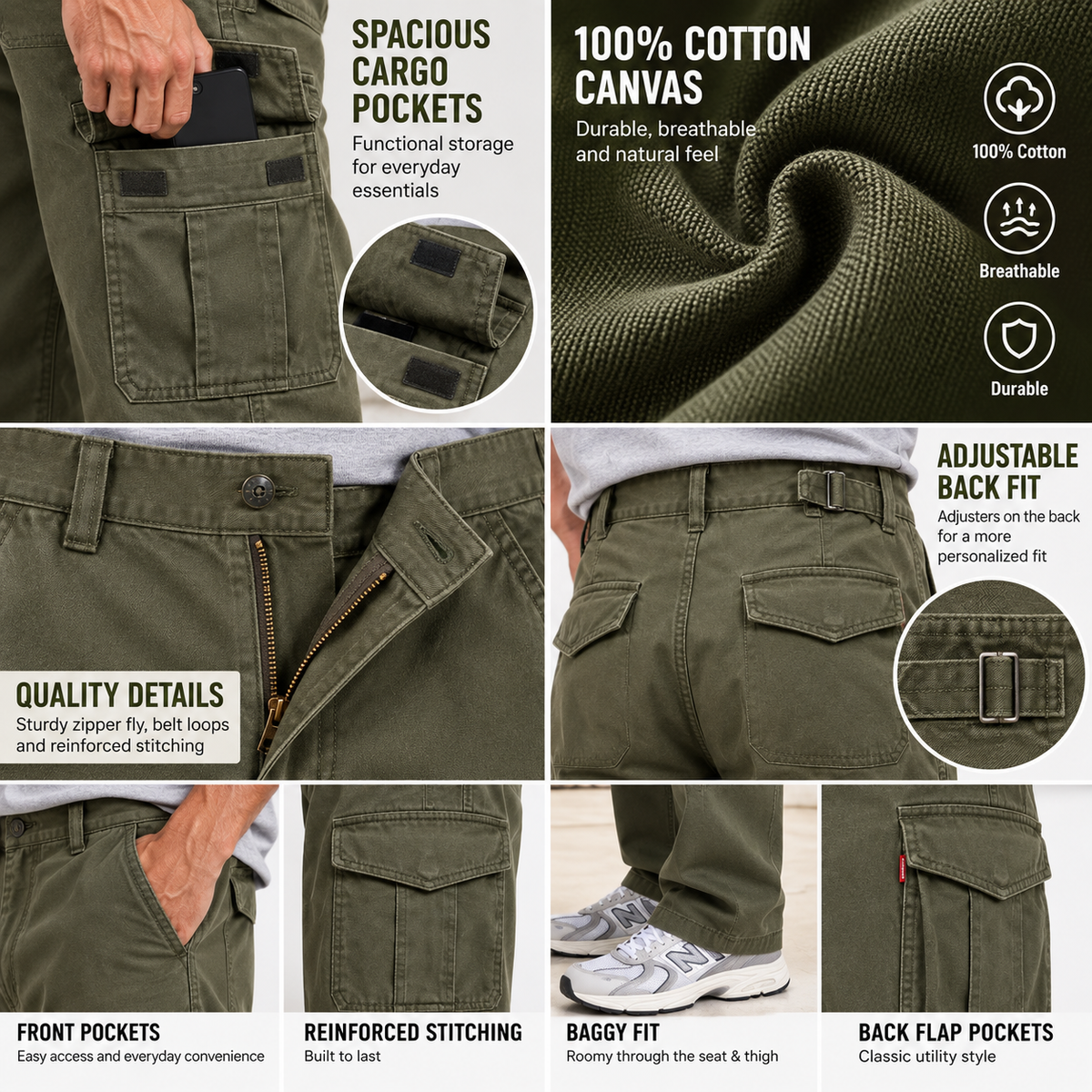 Cargo pants pocket fabric waistband and stitching details