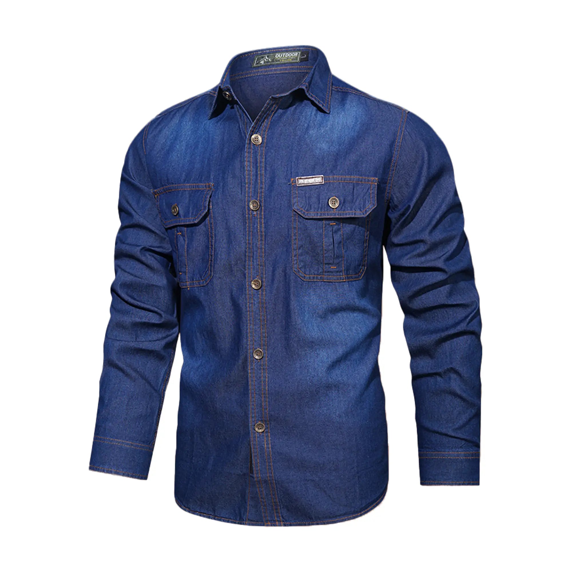 Dark blue men's washed cotton denim work shirt