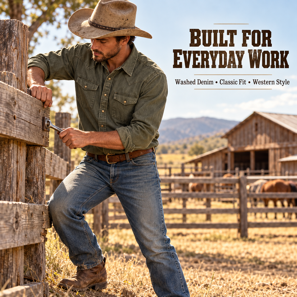 Olive western denim shirt ranch work scene