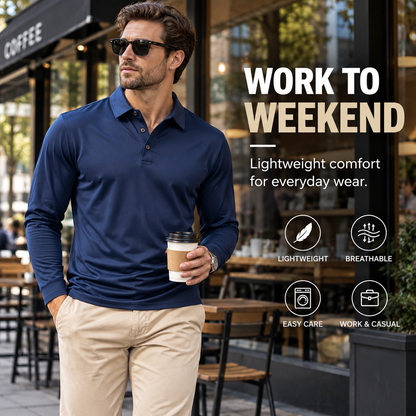 Man wearing navy long sleeve polo shirt from work to weekend