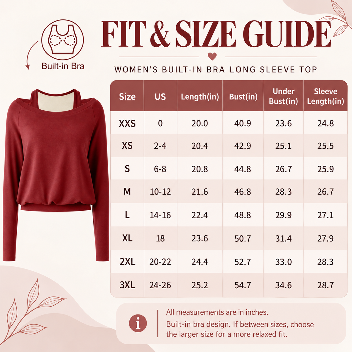 Size chart XXS to 3XL