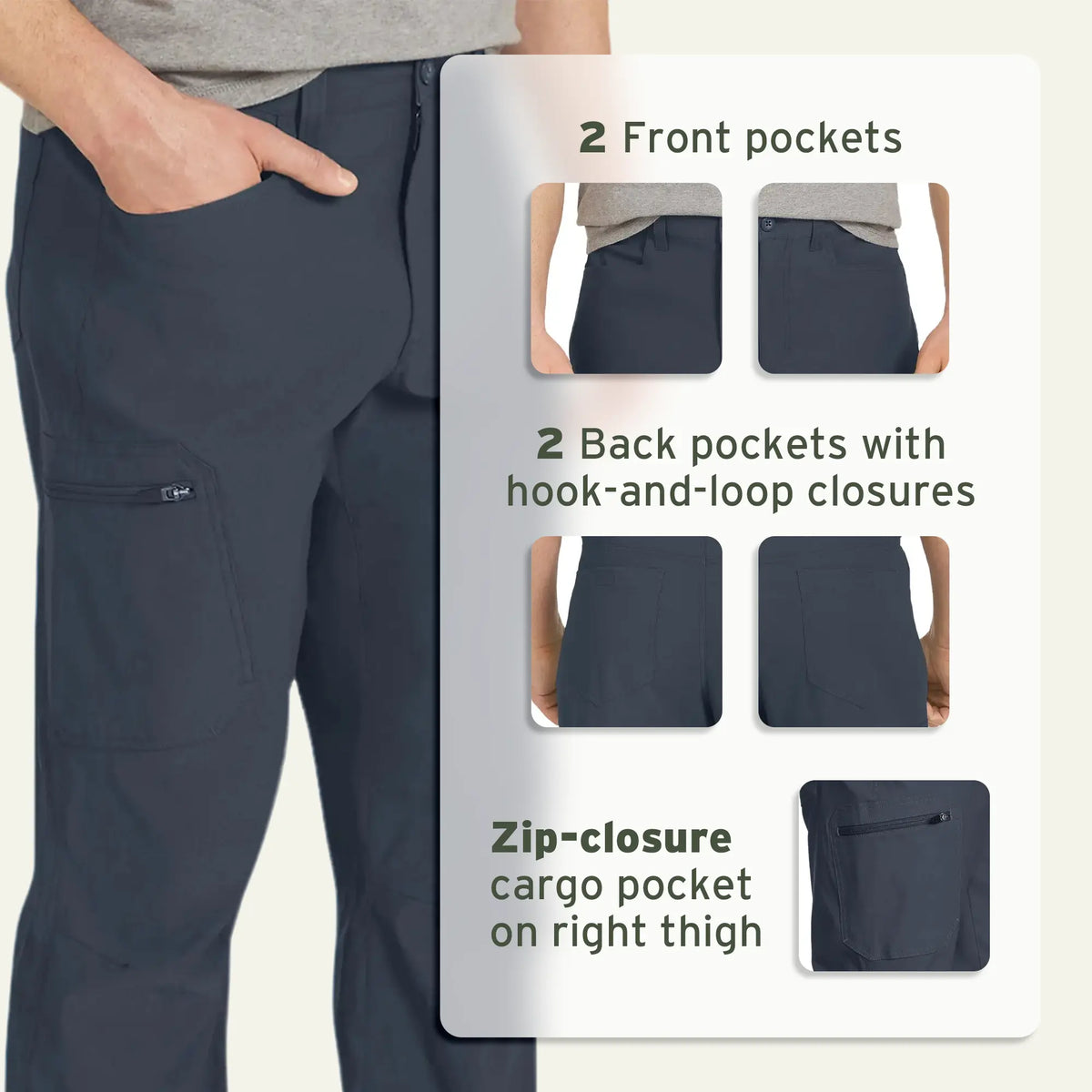 Secure pocket system on men's outdoor hiking pants