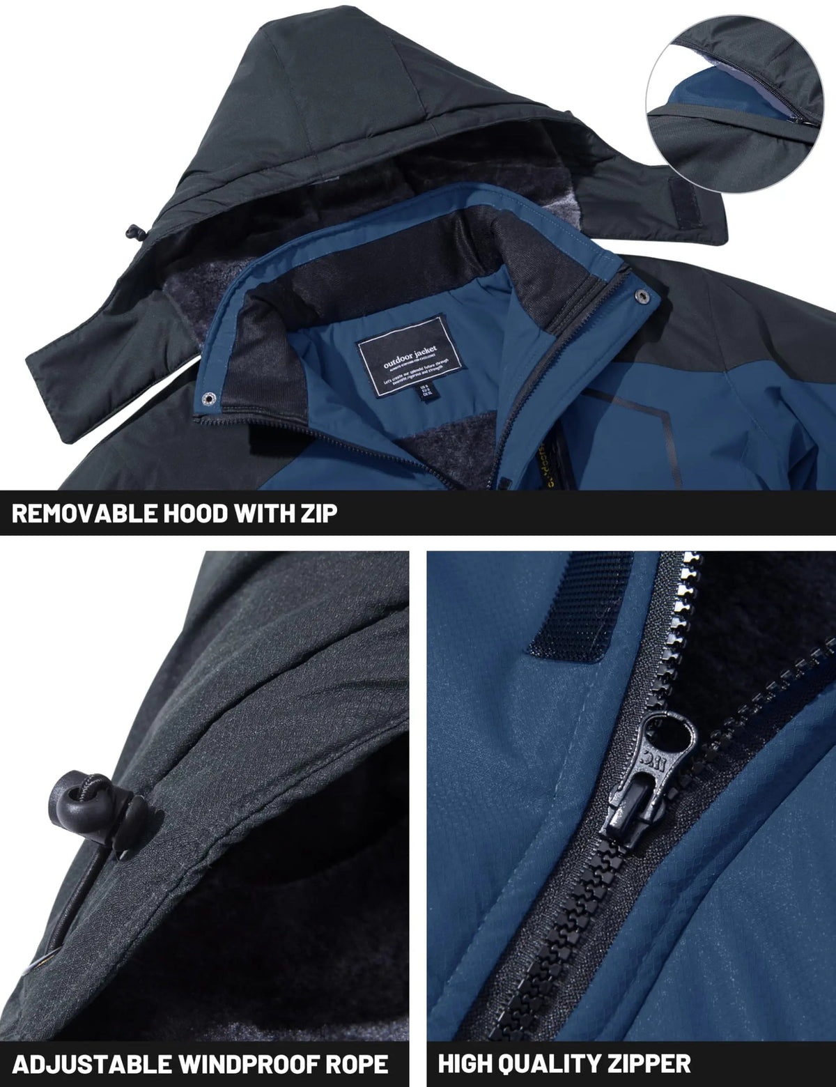 Detachable hood adjustable drawcord and zipper details