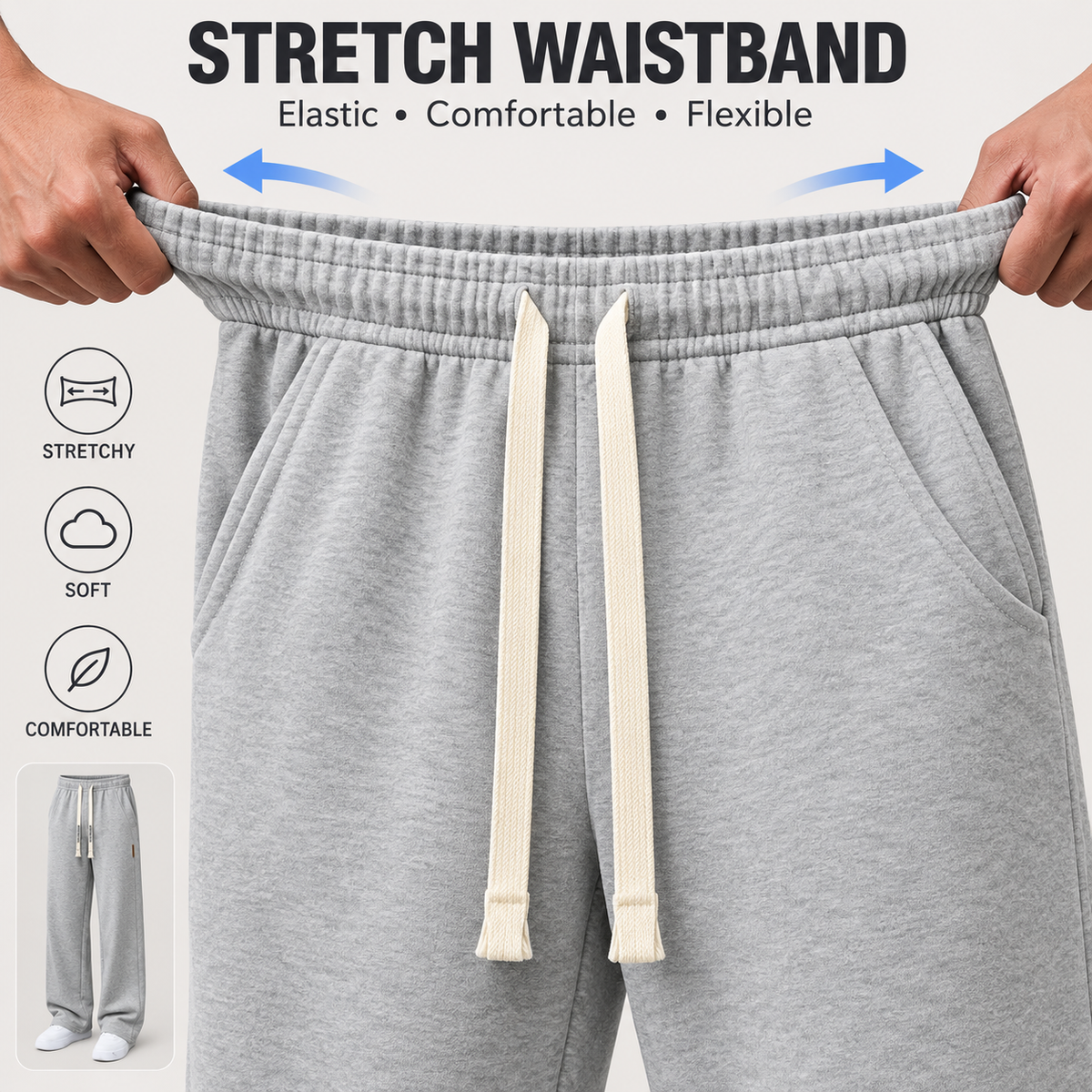 Stretch elastic waistband demonstration on men's straight-leg pants