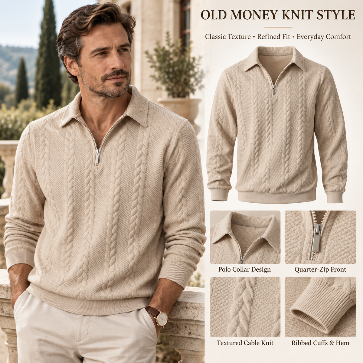 Men's smart casual textured half-zip polo sweater