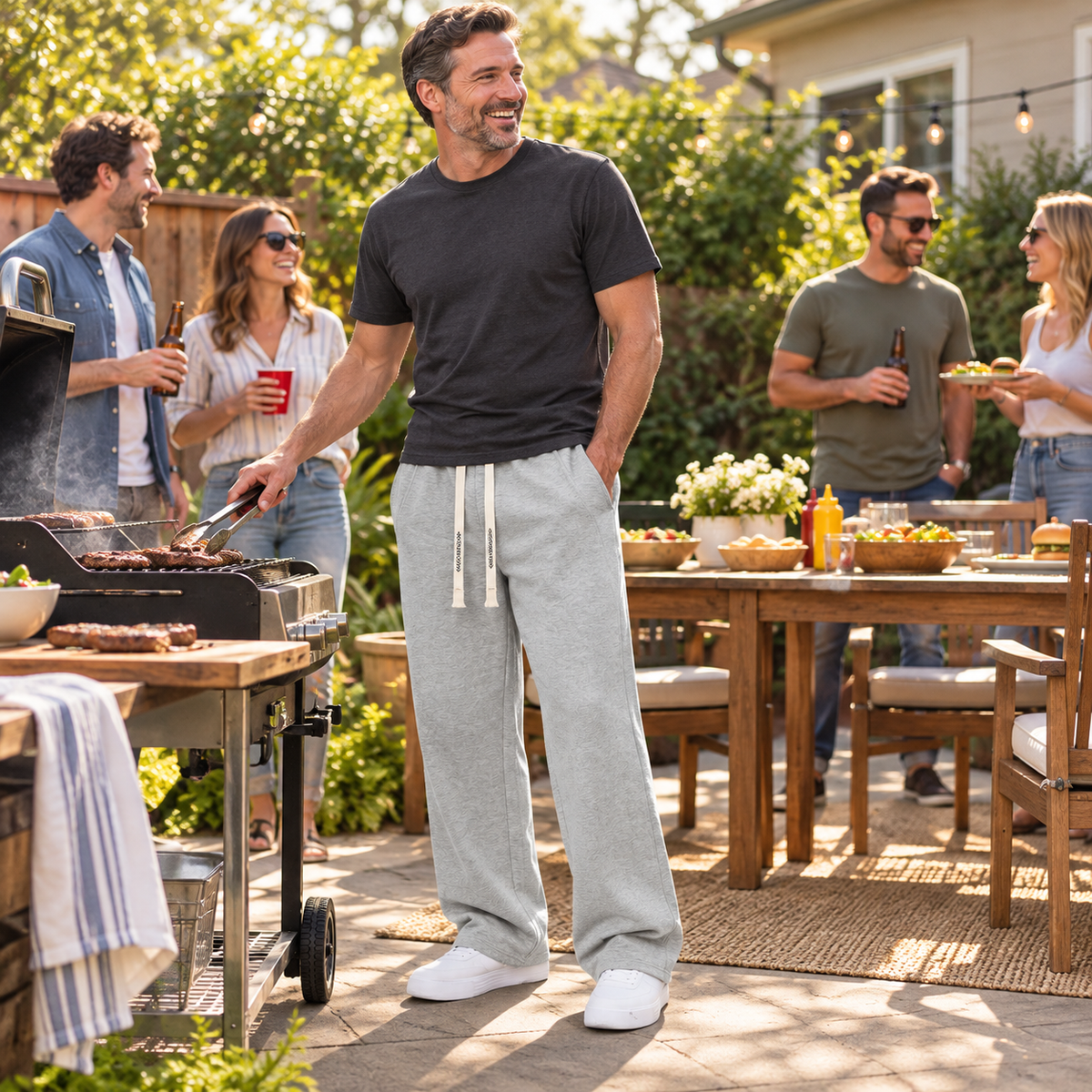 Middle-aged man in light gray straight-leg pants at a backyard barbecue