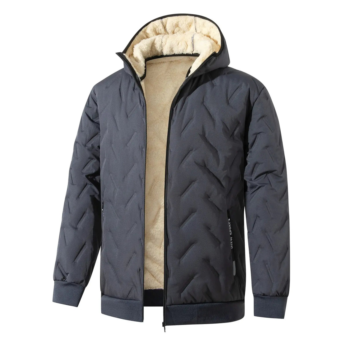Quilted shell and fleece-lined hooded jacket details