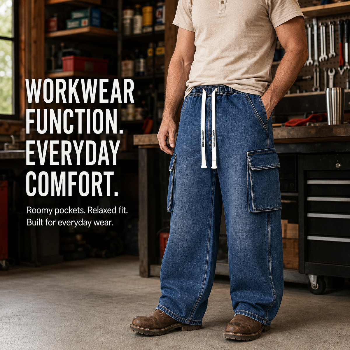 Men's cargo denim pants in a garage workwear setting