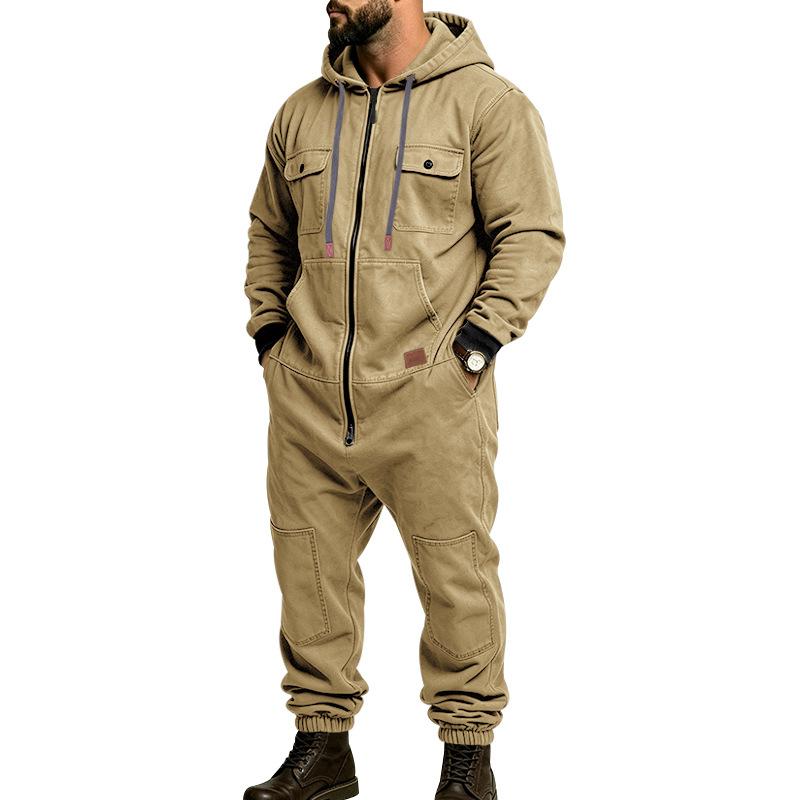 Men's khaki hooded cargo utility jumpsuit