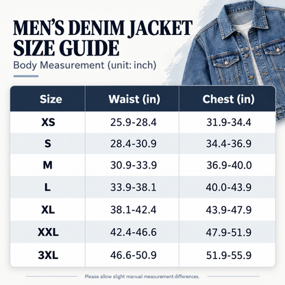 Men's relaxed fit denim jacket size guide XS to 3XL