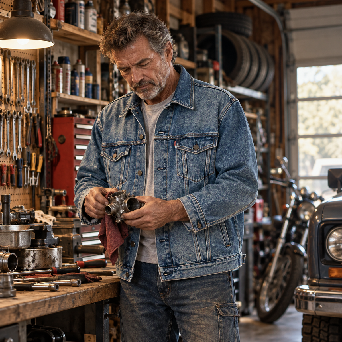 Mature man wearing washed denim trucker jacket while working in a garage