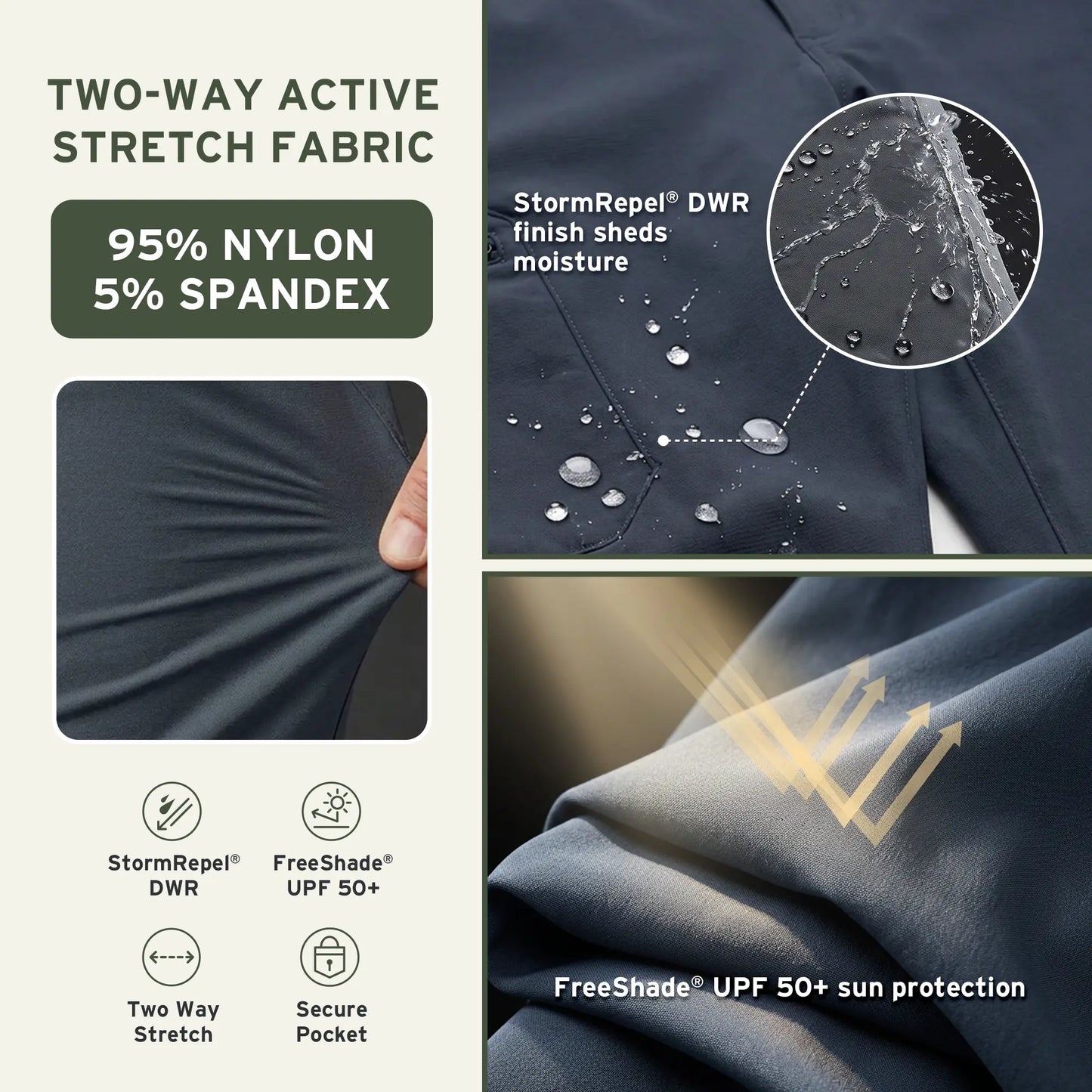 Stretch water-repellent hiking pants fabric details