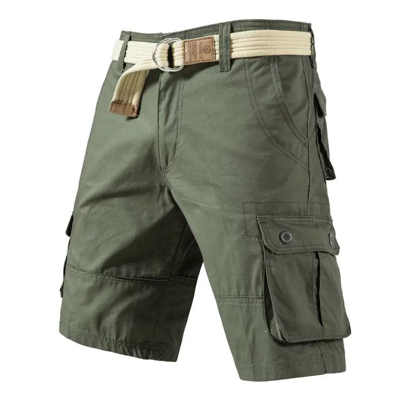 Military green multi-pocket cargo shorts with belt