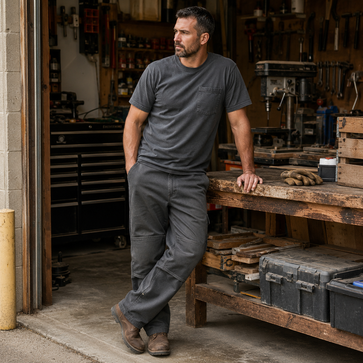 Men wearing loose fit double knee work pants in a workshop
