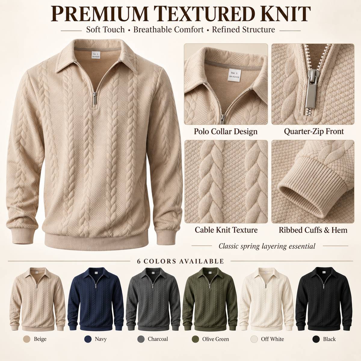 Premium textured knit polo collar half-zip and cable knit details