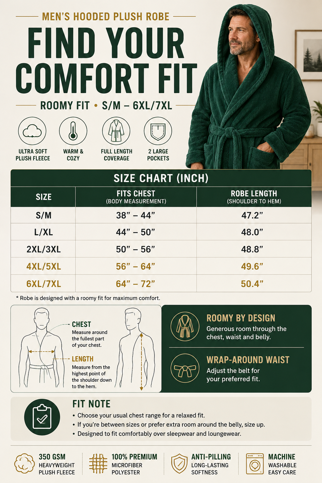 Men's Hooded Plush Robe Extended Size Chart