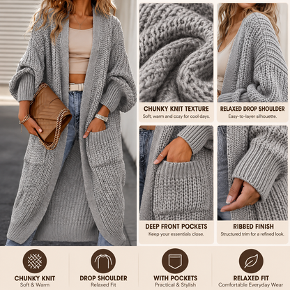 Women's chunky knit long cardigan texture drop shoulder pockets and ribbed details