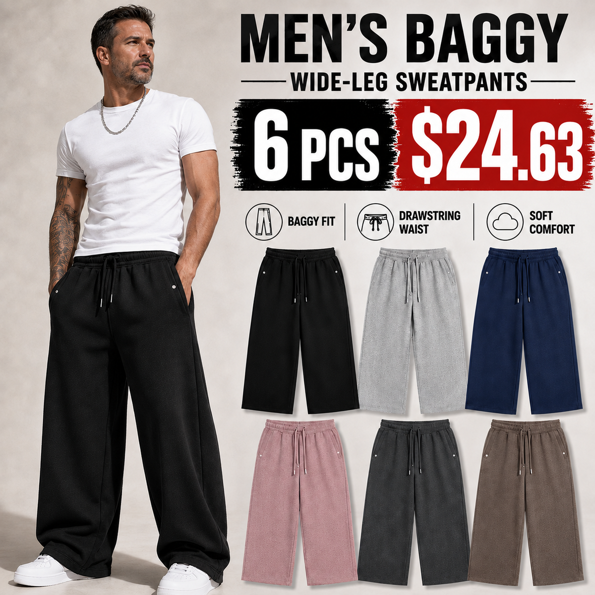 🔥 BEST SELLER | 6PCS $24.63 | Men’s Baggy Wide-Leg Drawstring Sweatpants