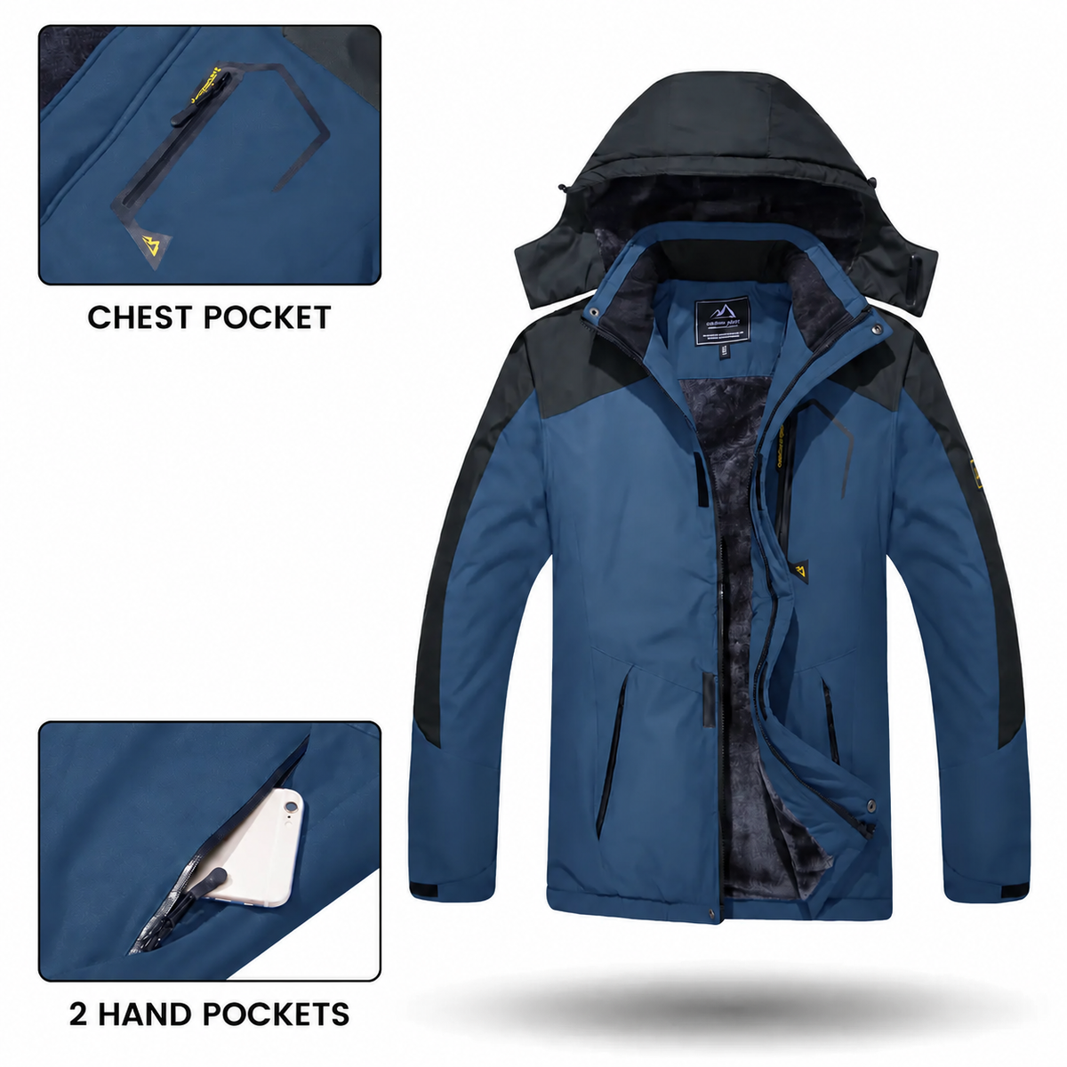 Chest pocket and two zip hand pockets on men's outdoor jacket