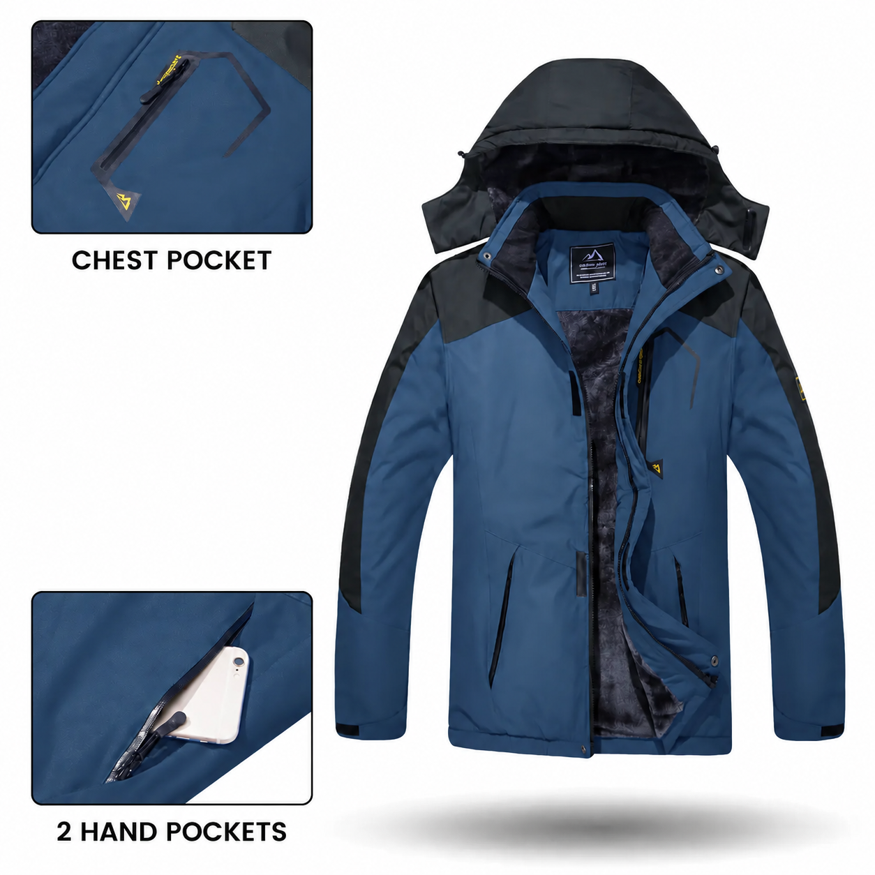 Chest pocket and two zip hand pockets on men's outdoor jacket