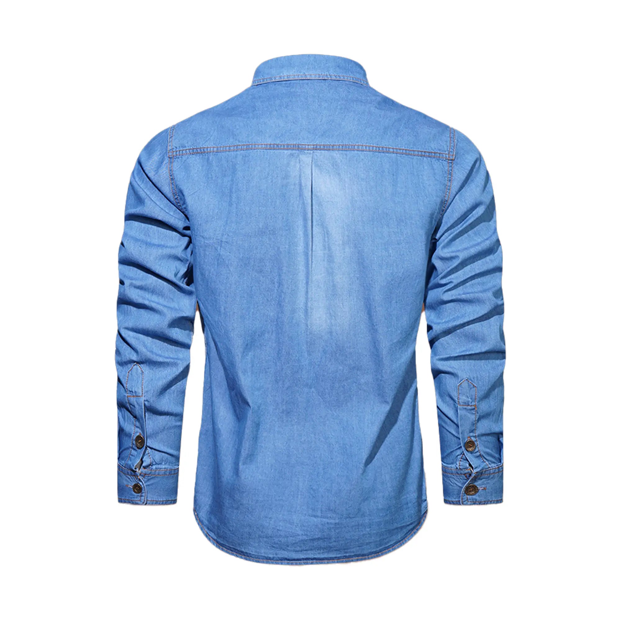 Back view of men's washed denim work shirt