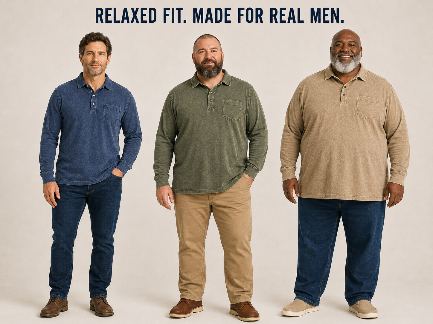 Three different body types wearing big and tall long sleeve washed polo shirts