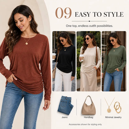 🔥 BESTSELLER | 8PCS $25.99 | Women's Ruched-Hem Lightweight Long Sleeve Top