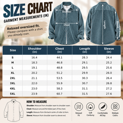 Men’s oversized corduroy shirt size chart S to 5XL