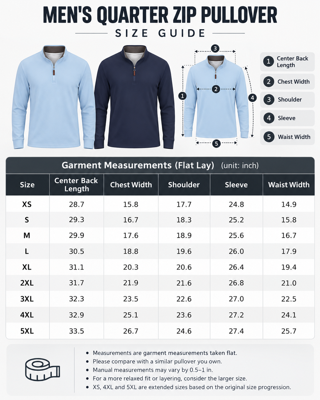 Men's Quarter Zip Pullover XS to 5XL size guide