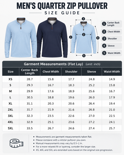 Men's Quarter Zip Pullover XS to 5XL size guide
