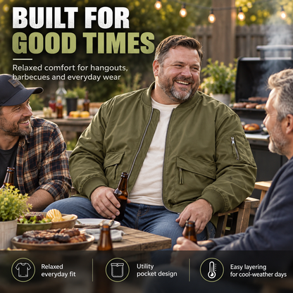 Men's cargo workwear jacket backyard barbecue lifestyle