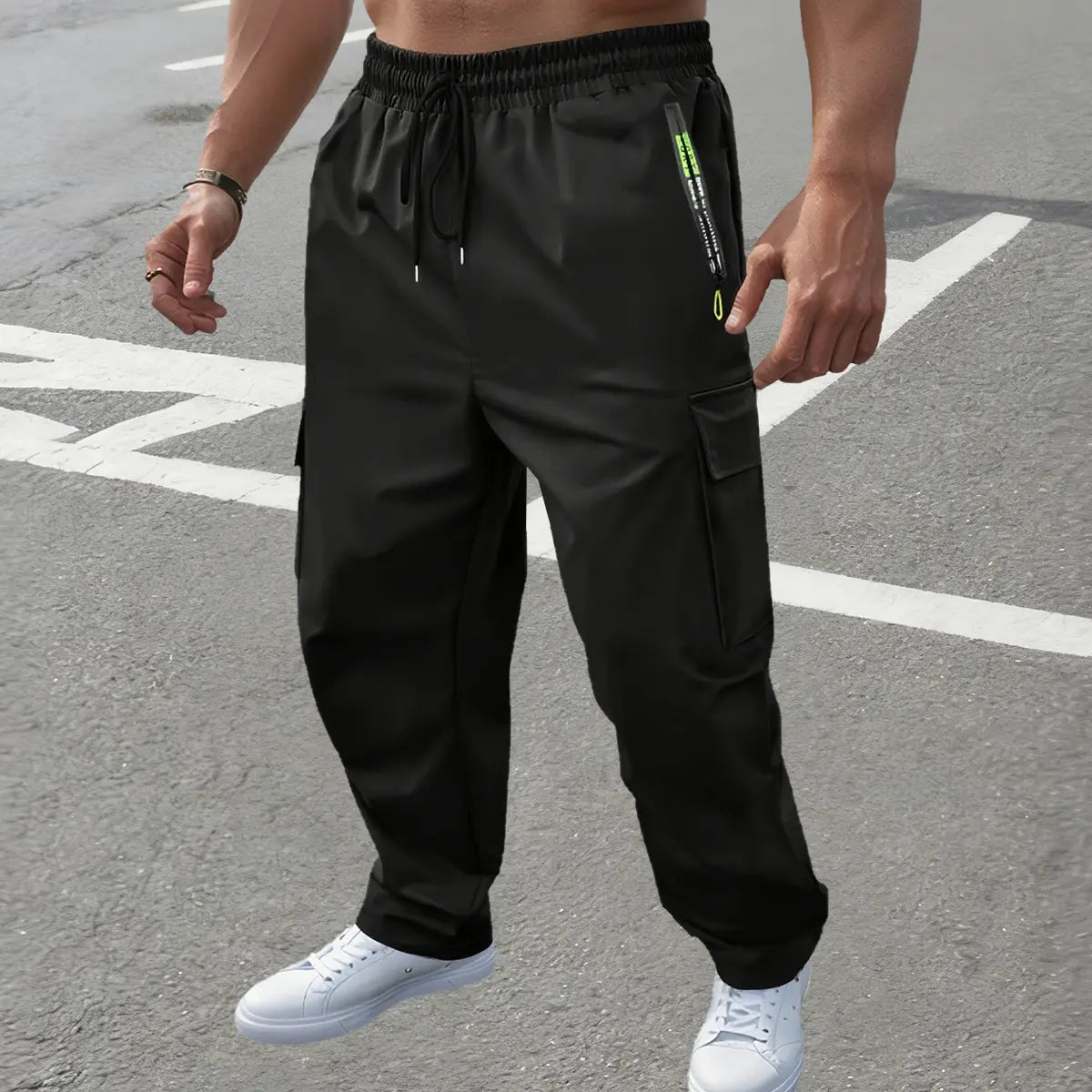 Men's Black Cargo Jogger Pants Front View
